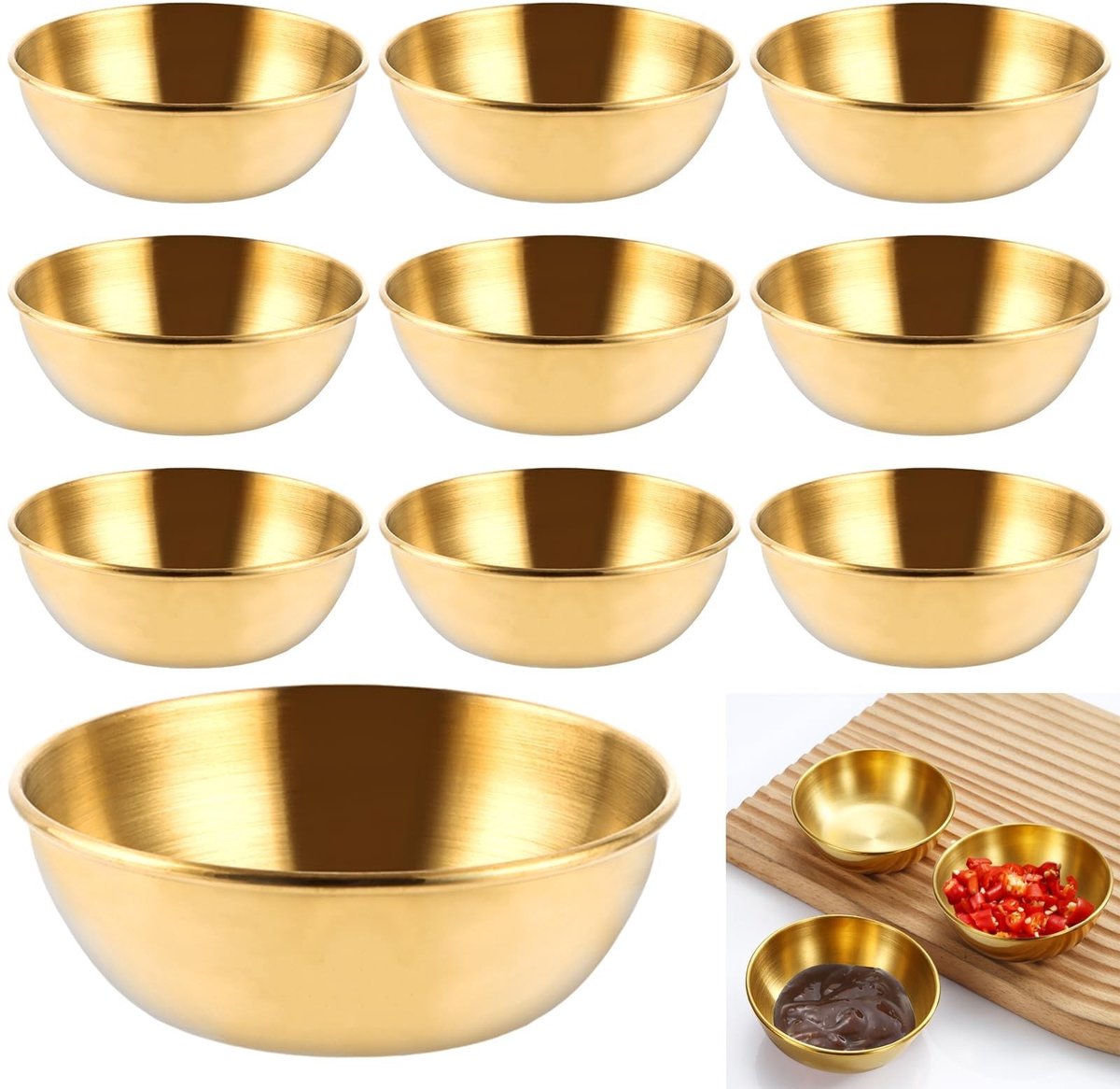 Dailygoods- Dipschaaltjes Gouden Set van 10 - 8,2 x 3 cm - Roestvrij Staal - Kleine Sausschaaltjes - Dipschalenset - Ideaal voor Snacks - Sausschalen