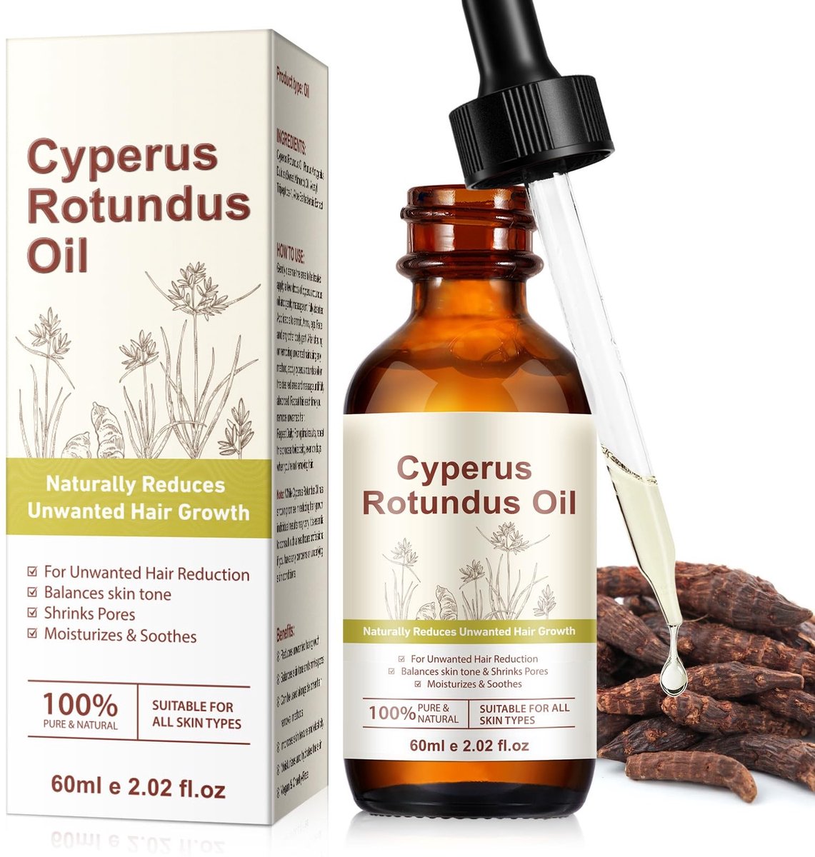 Dailygoods- Cyperus Rotundus Olie 60 ml - Haarverwijdering - Vermindert Lichaamsgroei - Hydraterend - 100% Pure Olie - Natuurlijke Ingrediënten - Haargroeireducerende Olie