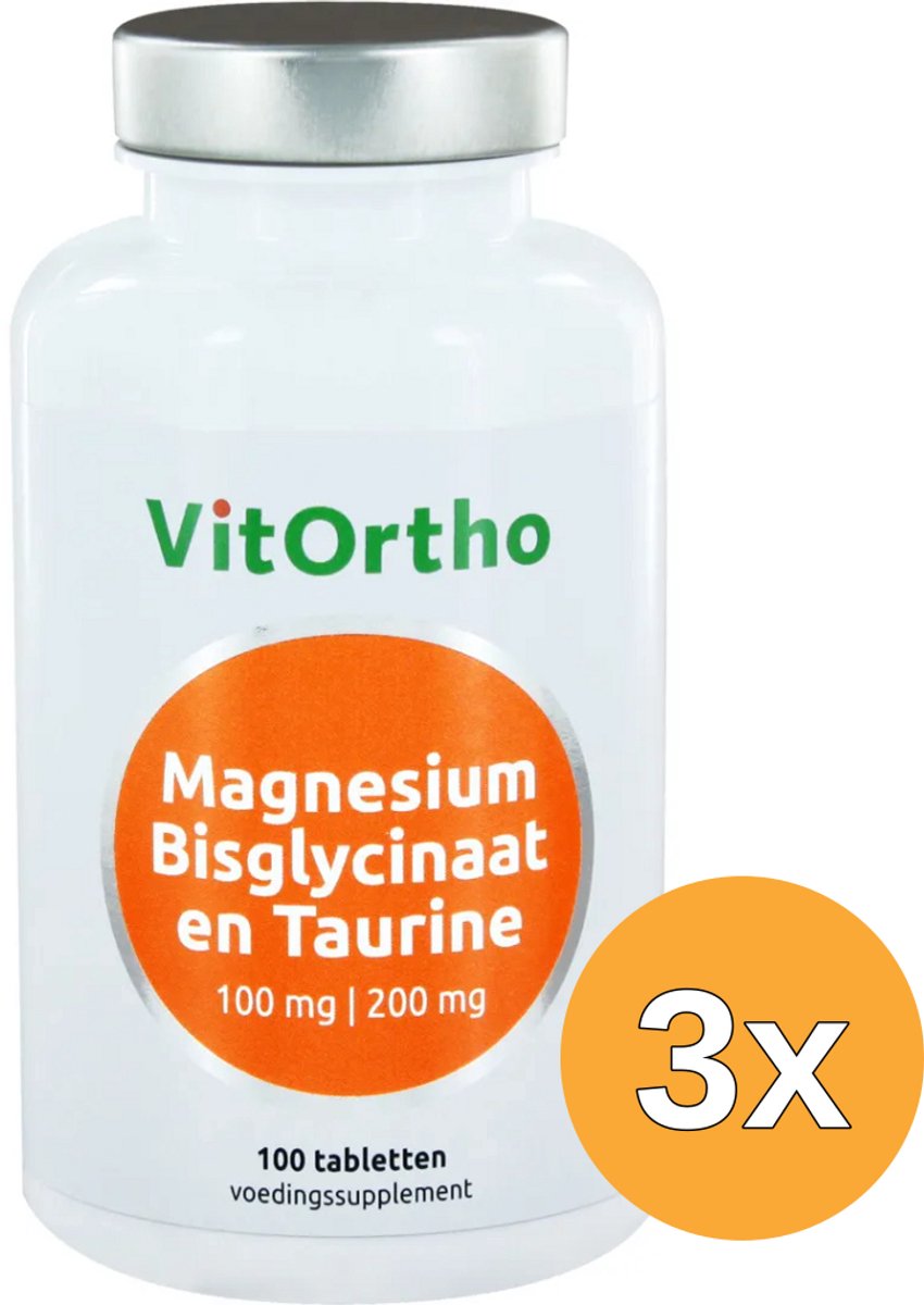 3x VitOrtho Magnesium bisglycinaat 100 mg en taurine 200 mg (100 tabletten)