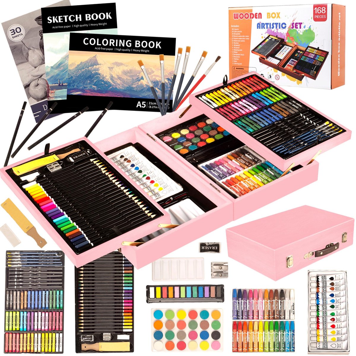 SnelShoppen - 168 Stuks Kunstset voor Kinderen - Tekening- en Schilderijset - Deluxe Kunstbenodigdheden in Houten Koffer - Perfect Cadeau voor Tieners