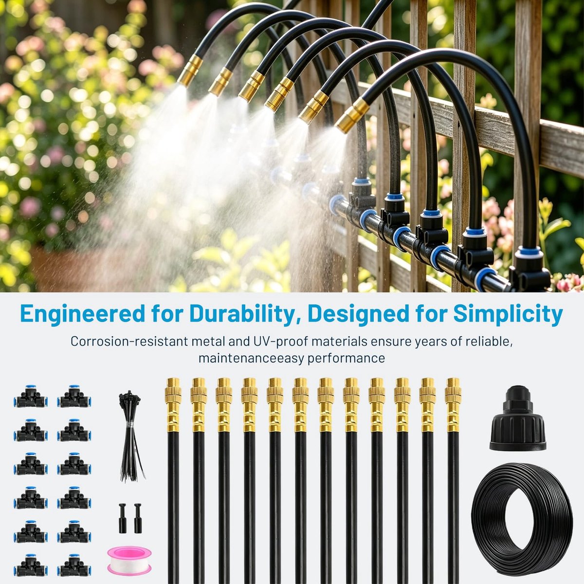 SnelShoppen - Automatisch Plantenbewateringssysteem voor Tuin en Balkon, 360° Verstelbare Sproeiers, 15m Slang, Nevelbevloeiingsset voor Optimale Plan