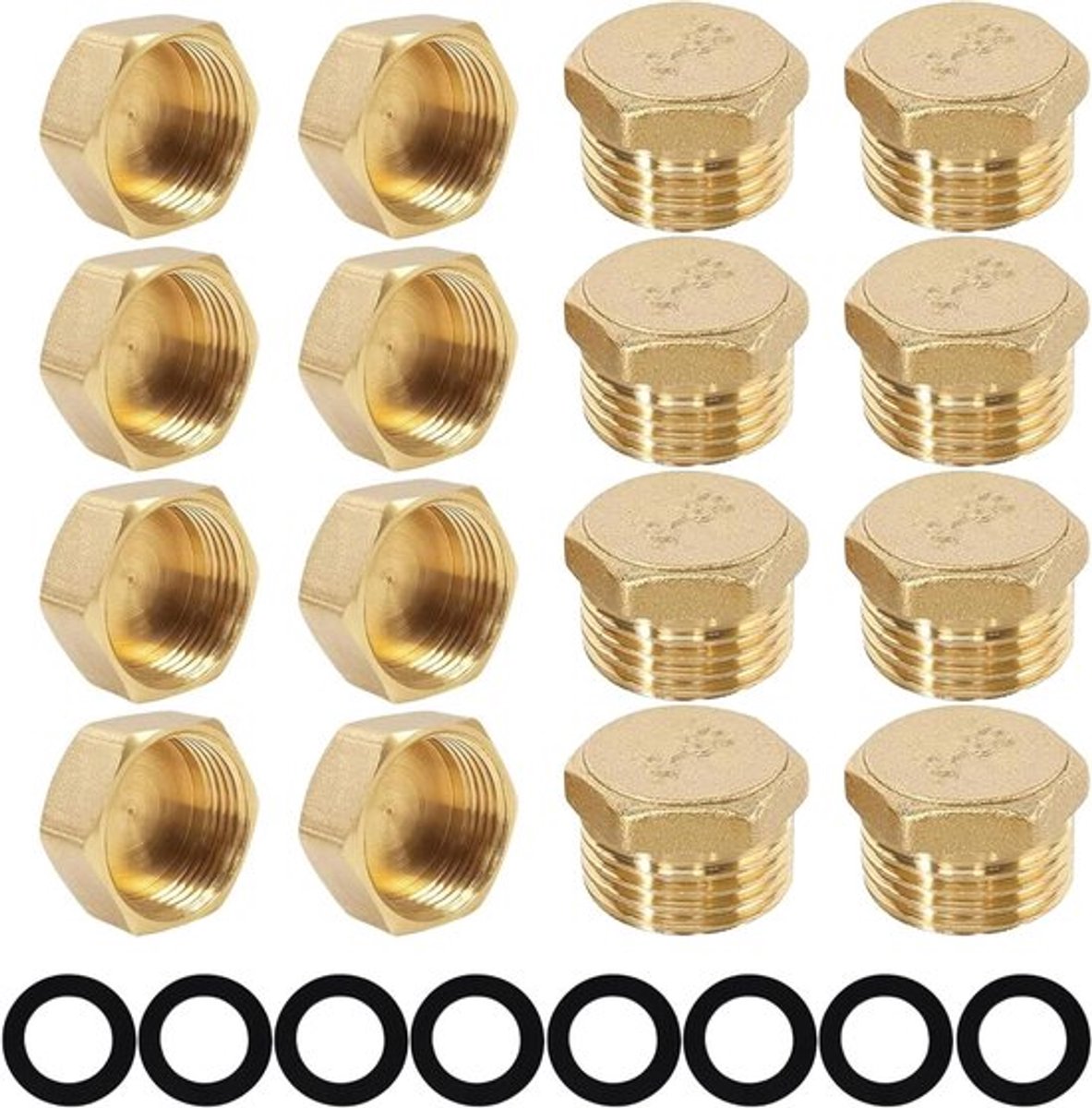 Set van 24 messing blindstops voor 1/2 inch waterleidingen met slangonderlegringen.