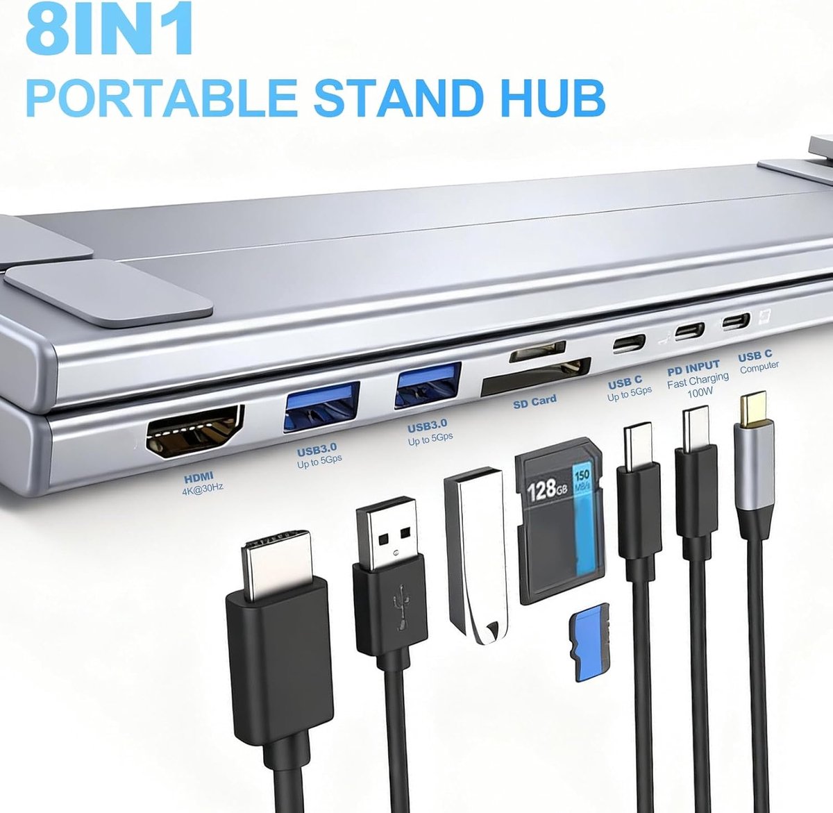 Laptopstandaard Dockingstation - Verstelbare Standaard Hub - Productief Werken - 8-in-1 Aansluitingen - 10-17 inch - Zwart thumbnail 4