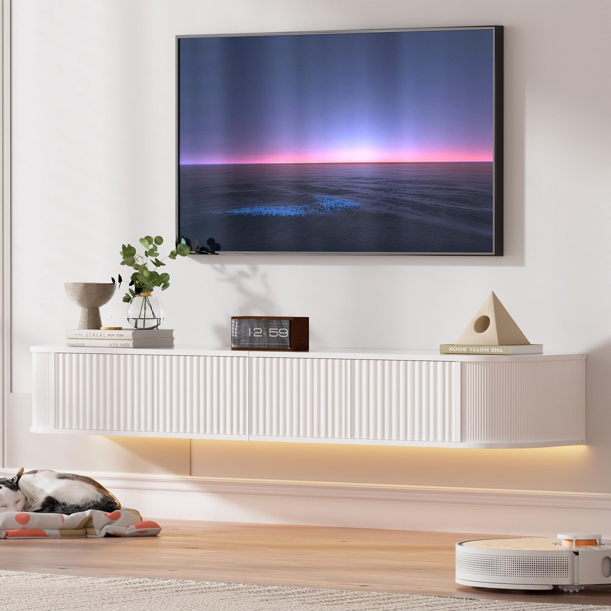 SnelShoppen - PURFINO Zwevend TV-Meubel 140CM met LED-Verlichting - Wandgemonteerd TV-Kast voor 43-55 Inch TV's - Moderne Mediaconsole met Verbeterde