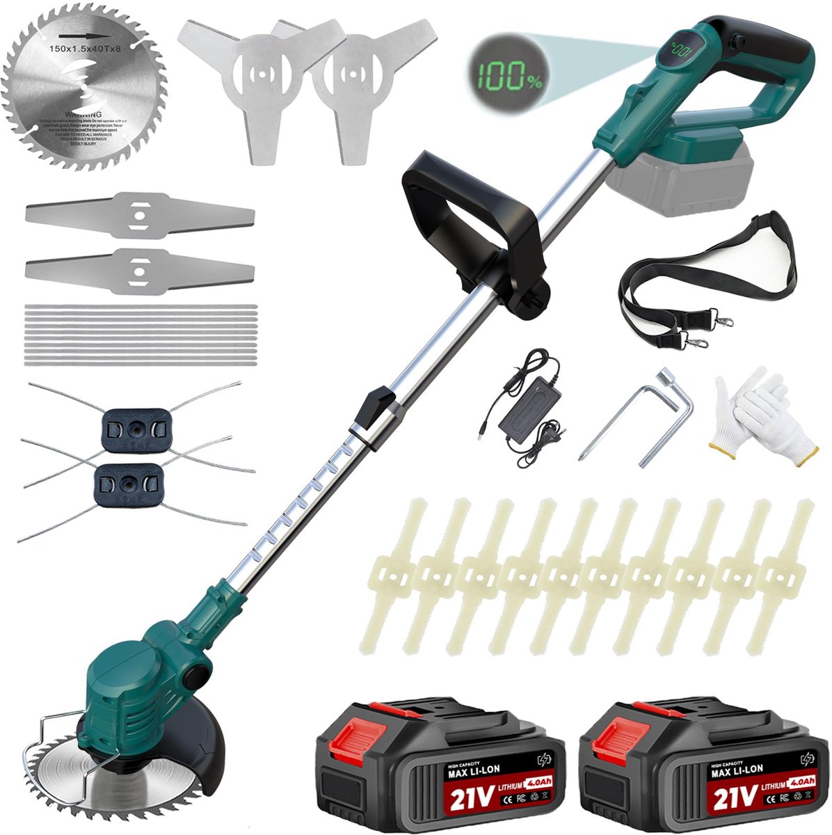 SnelShoppen - Accu Grastrimmer 21V met Oplader, 4 Soorten Messen, 2x 2,0 Ah Batterijen, Bosmaaier voor Tuintrimmen, Blauw, Lichtgewicht en Duurzaam