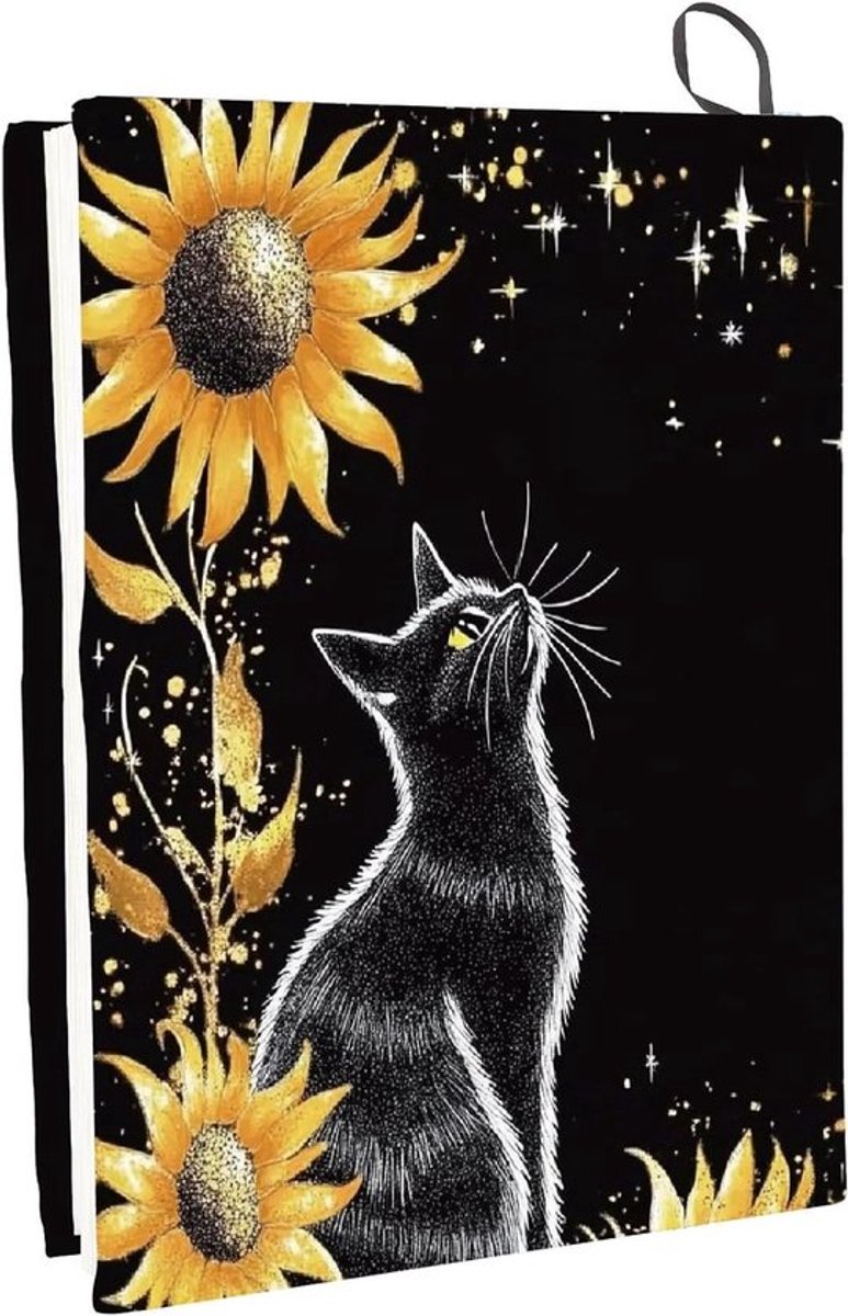 - Boekbeschermer - Elastisch - Zwart - Polyester - Stretchy - Wasbaar - Herbruikbaar - Zonnebloemen - Dier - Groot - Hardcover - Schoolboeken - Notebooks - Geschikt voor Kat - 15,8 x 9,8 Inch
