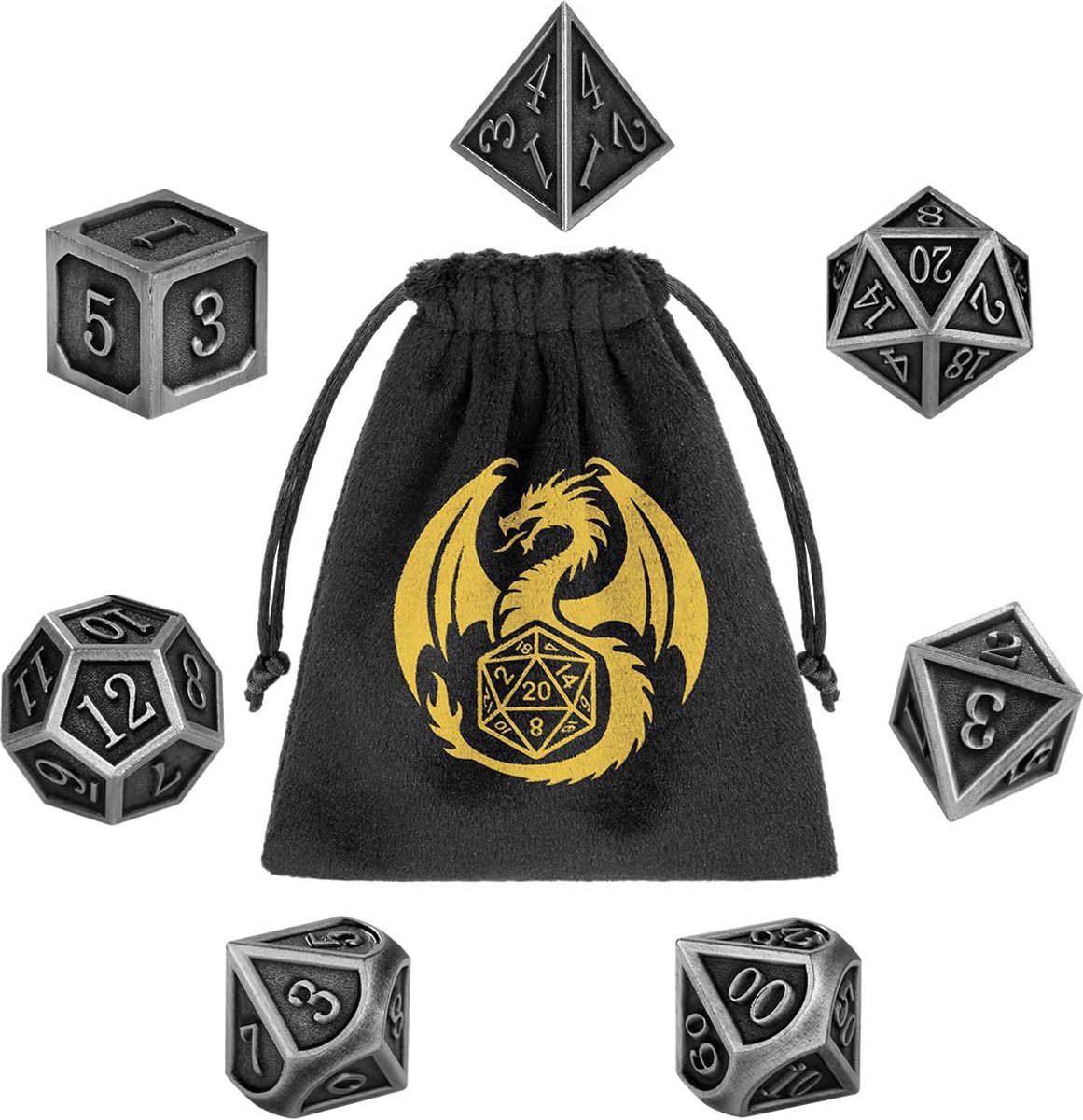 SnelShoppen - Metalen DND dobbelstenen set, 7 stuks polyedrische dobbelstenen, zilver, perfect voor rollenspellen en bordspellen, inclusief geschenkza