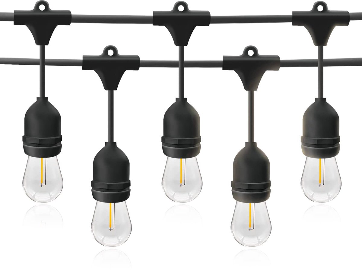 SnelShoppen - Lichtsnoer Buiten E27 - 10 Fittingen - 5m - 10 S14 LED Lampen - Zwarte Kabel - Uittrekbaar tot 500m - IP54 - Tuinverlichting - Bruiloft