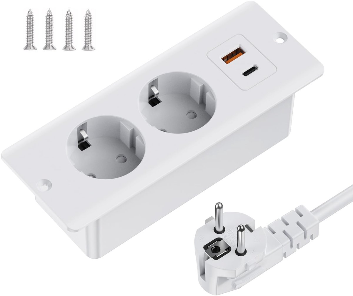 SnelShoppen - Tafelblad Inbouwstopcontact met 1 USB en 1 Type-C (PD 20W), Intrekbaar Stopcontact met 2 m Kabel, Tafelstopcontact voor Thuis en Kantoor