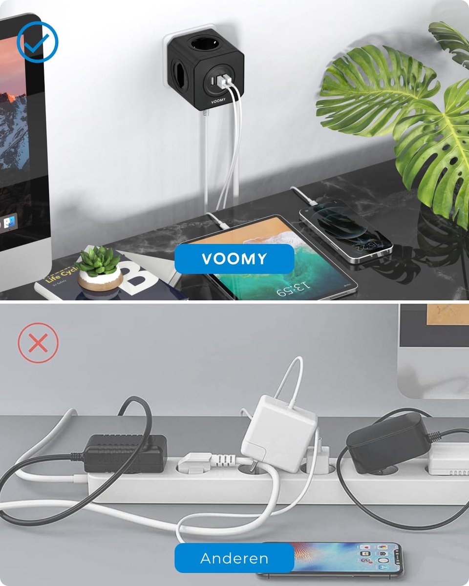 SnelShoppen - 7-in-1 Verdeelstekker Cube met 4 Stopcontacten en 3 USB Poorten, 4000W Verdeeldoos met Overspanningsbeveiliging, Zwart voor Thuis, Kanto