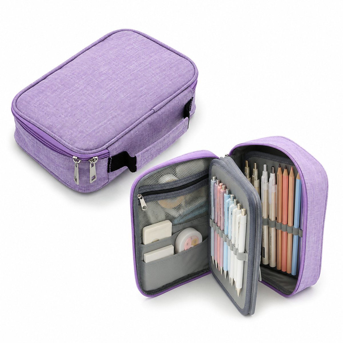 VHV - Etui - Grote Pennenzak met 72 Vakken - Uitneembare Etui voor School & Kantoor - Grote Capaciteit - 23x16x6.5cm - Paars