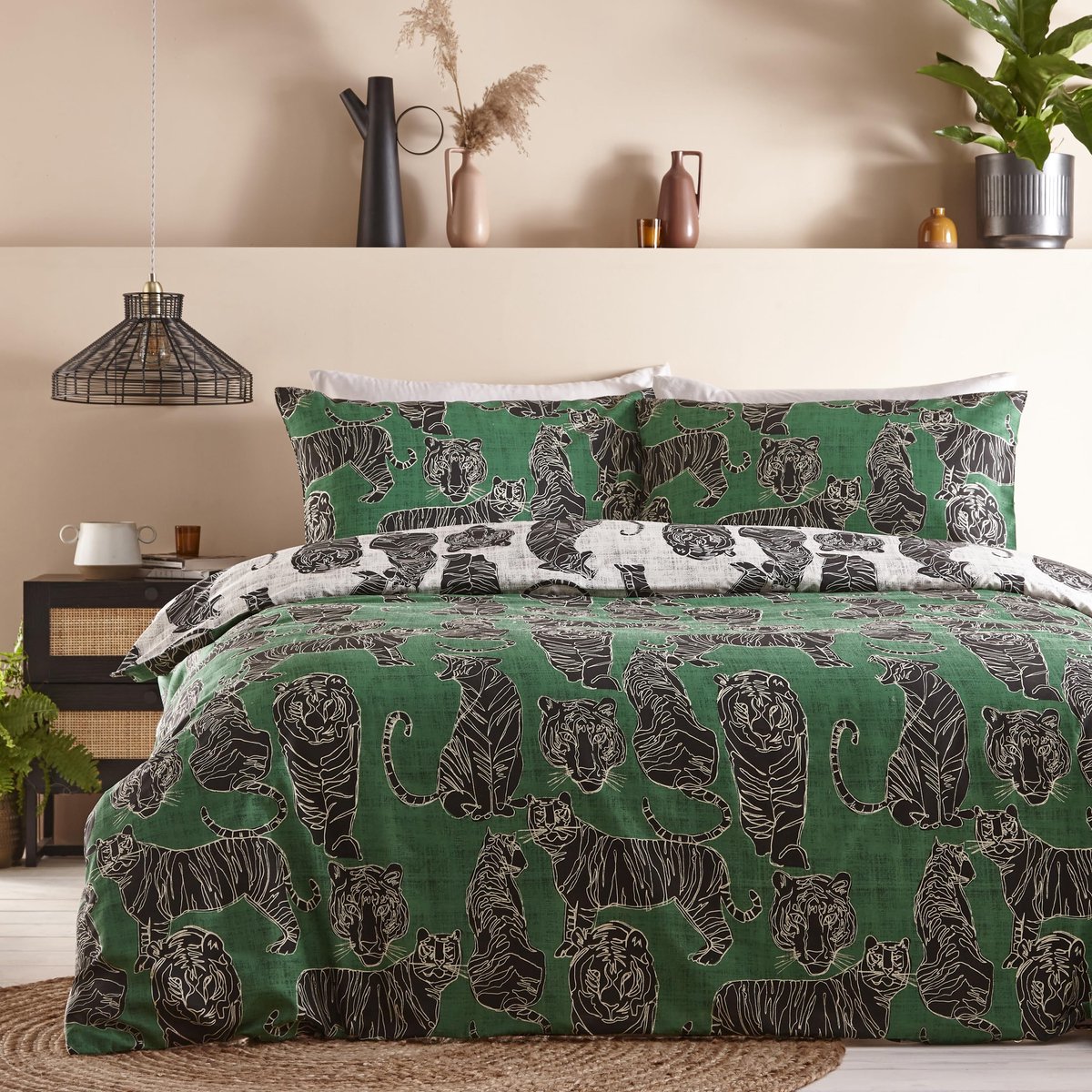 SnelShoppen - Tweepersoons Dekbedovertrek Set - Jungle Groen - Wildcat Design - Katoen - Ideaal voor slaapkamer, vakantiehuis, of kinderkamer