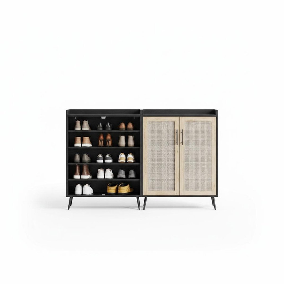 Triumpunpre Rotan Opbergkast met Dubbele Deuren - 5 Lagen Dressoir Sideboard voor Woonkamer Slaapkamer Gang - Natuurlijk Houtnerf Design - 79x35x103 cm