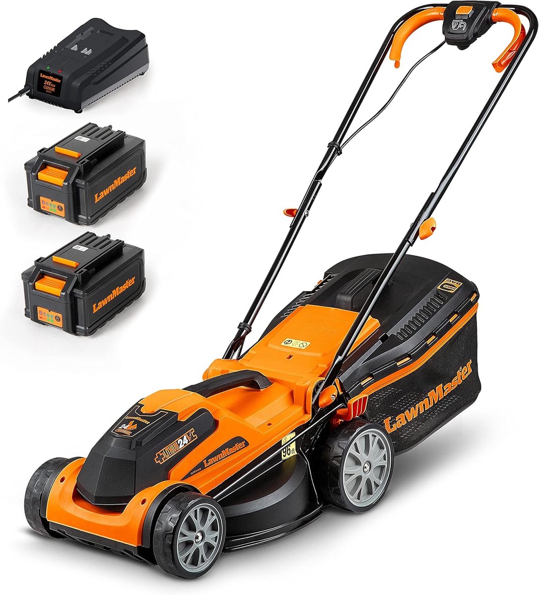 LawnMaster CLMF2434G Elektrische grasmaaier met accu, 24V, 2x4,0Ah, 34cm, mulchmaat 32l, maaihoogte op 6 niveaus - ShopVlot