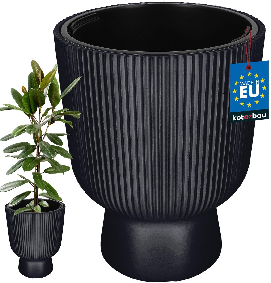 KOTARBAU® Bloempot - Plantenpot Ø 39 cm - met Binnenpot - Geribbelde Plantenbak - Plantenpot met Voet - Plantenbak - Kunststof - H: 49 cm - Anthrazit