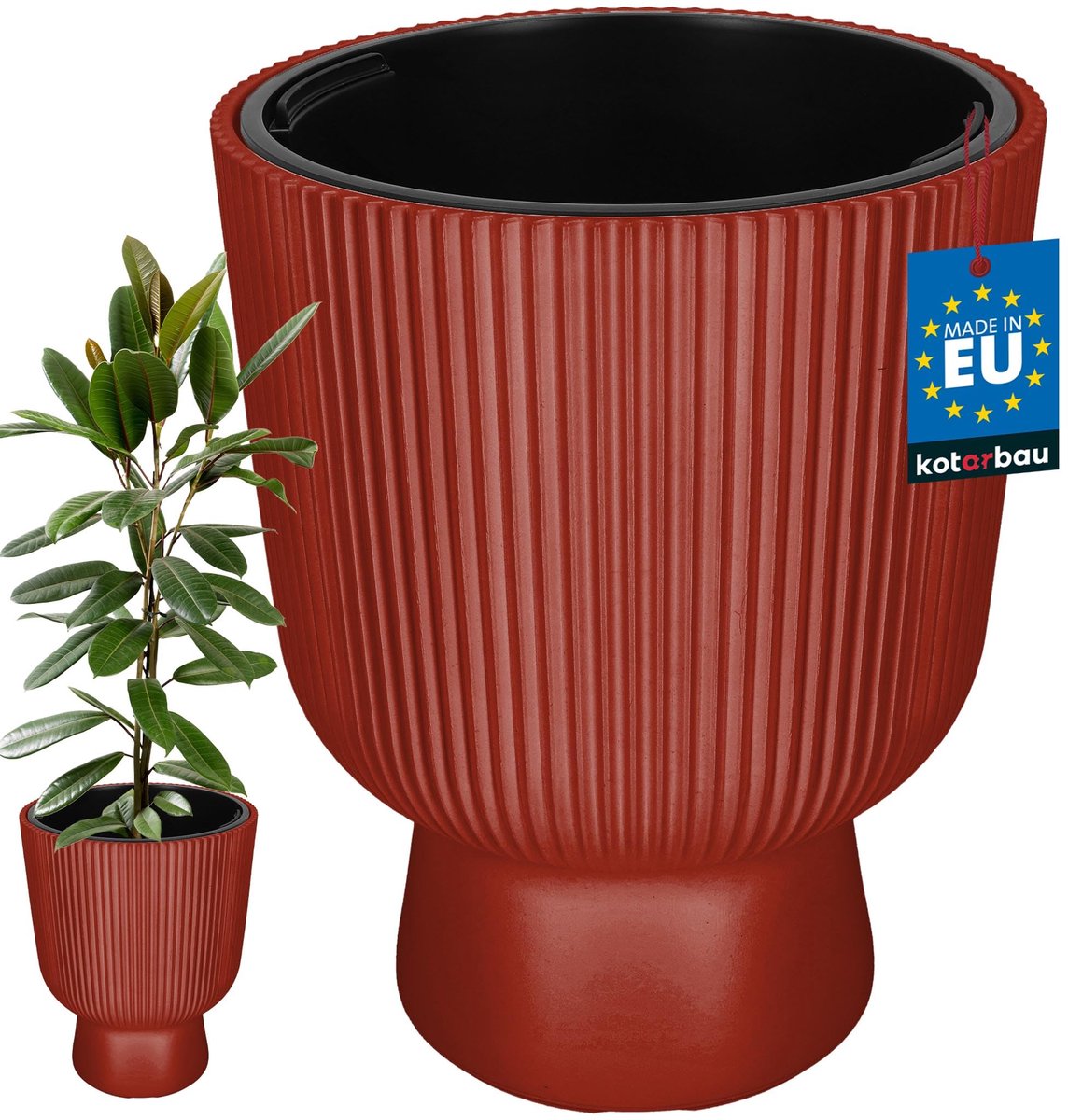 KOTARBAU® Bloempot - Plantenpot Ø 39 cm - met Binnenpot - Geribbelde Plantenbak - Plantenpot met Voet - Plantenbak - Kunststof - H: 49 cm - Baksteen