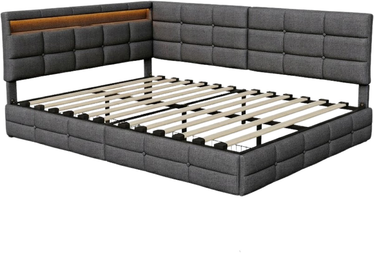 Happiq Kinderbed 140x200 cm Grijs - met Opbergruimte, LED, Oplaadstation