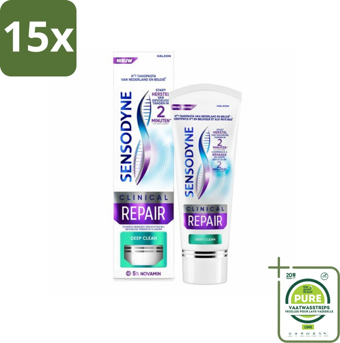 15 x Sensodyne - Tandpasta - Clinical Repair - Deep Clean - Grondige Reiniging - 75 ml - Grootverpakking - Gevoelige Tanden - Tandpasta - Sensodyne - Tandenpoetsen - Tandplak Verwijderen