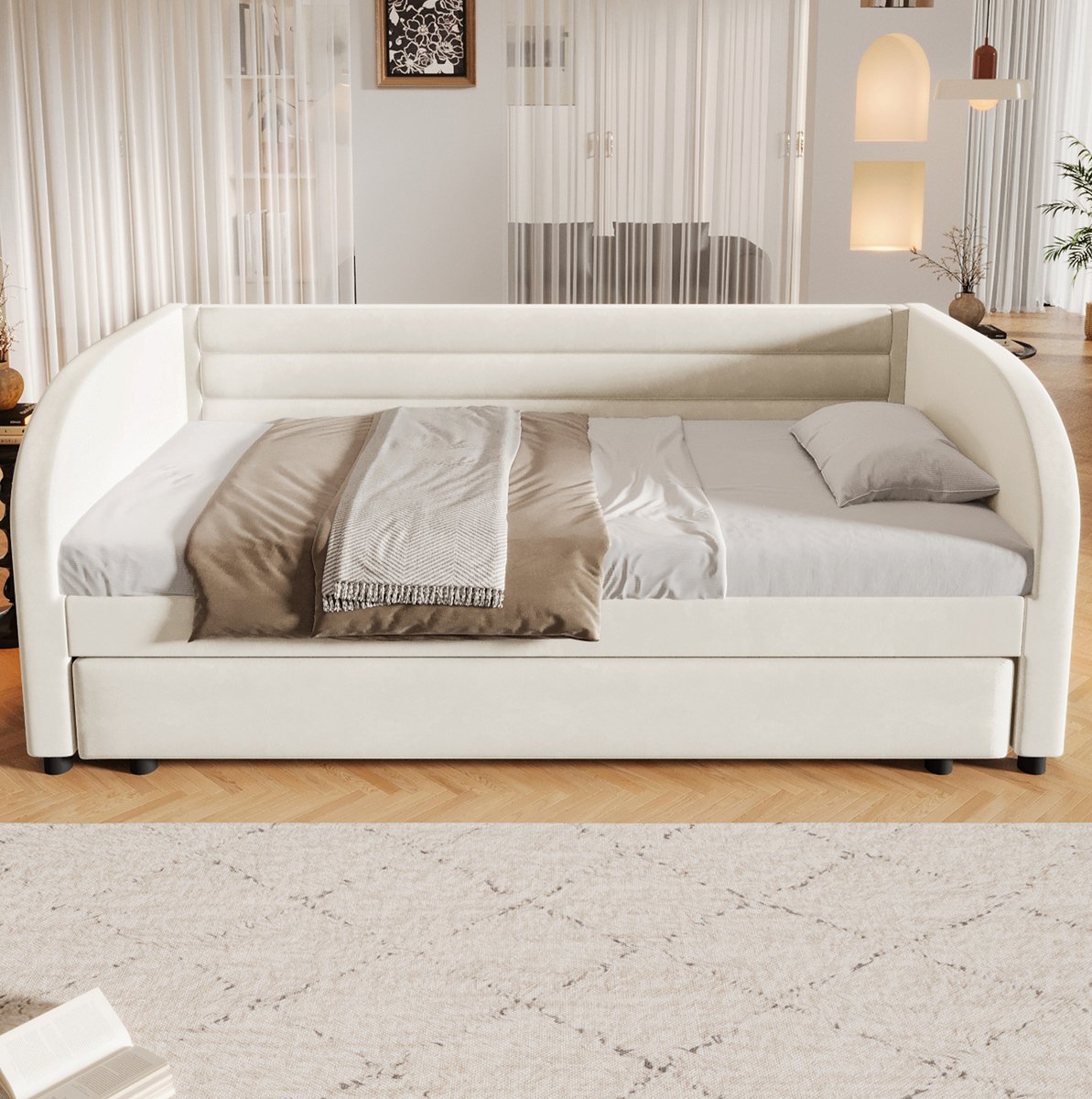 Bed 90x200cm Zonder Matras - Gestoffeerd Platformbed Met Bedlade En LED Verlichting - Voor Kinderkamer En Logeerkamer - Flanel En MDF - Beige