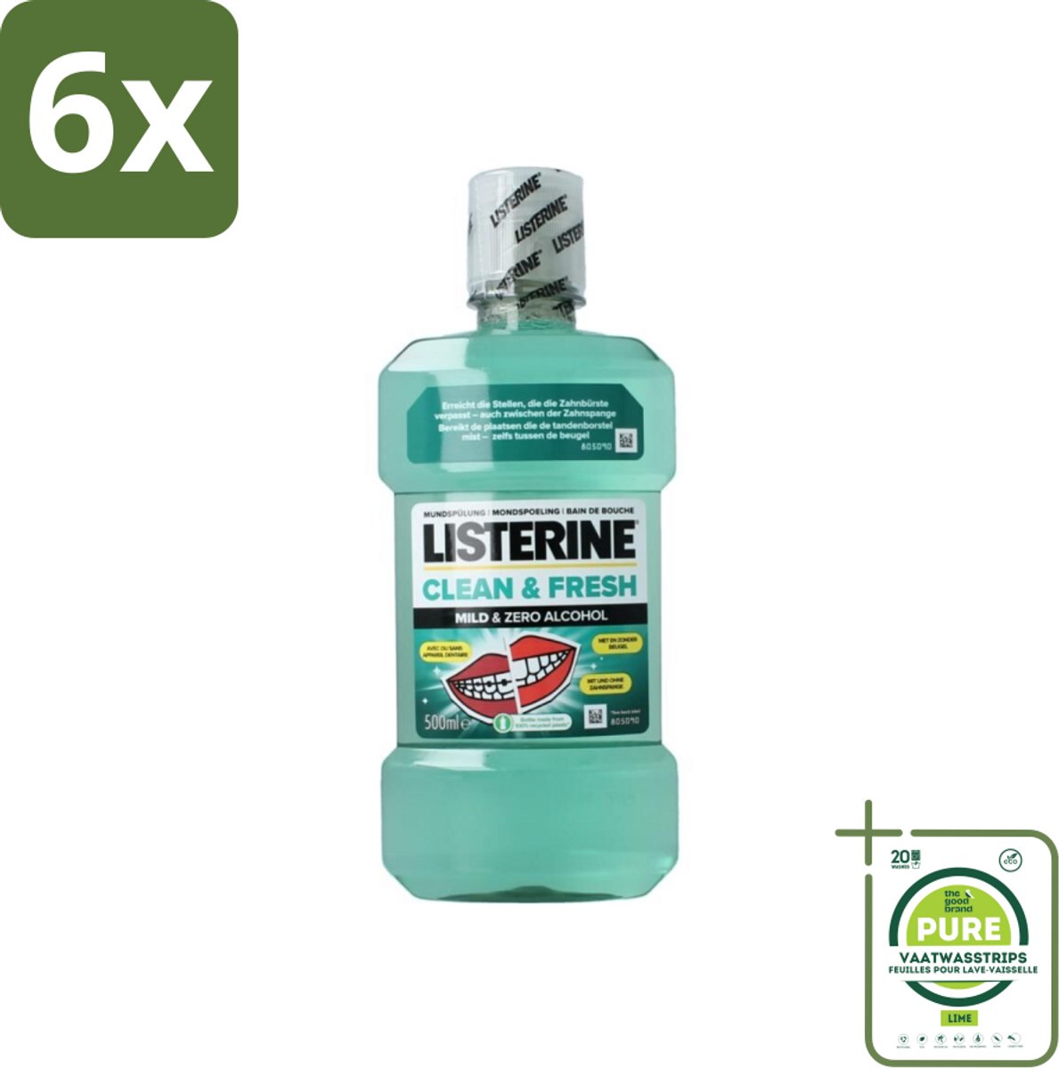 Listerine – Mondwater – Clean & Fresh – Zonder alcohol – 500 ml - Voordeelverpakking - 6 stuks - Mondspoeling - Mondhygiëne