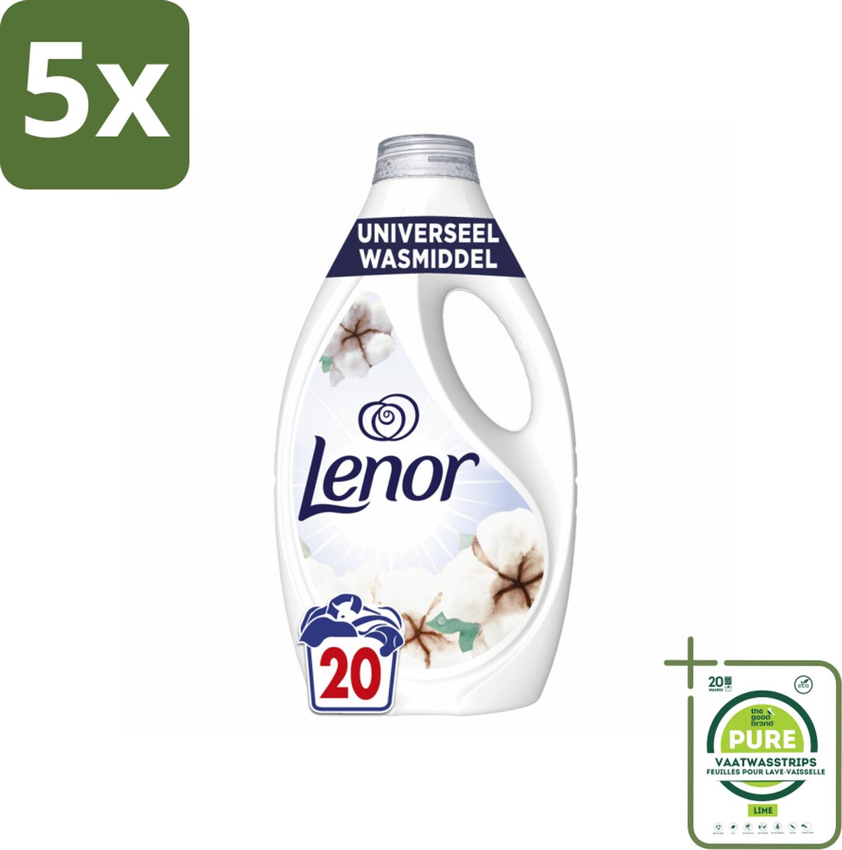 5 x Lenor – Wasmiddel – Katoen Fris – 20 Wasbeurten - 900 ml - Grootverpakking - Wasmiddel Katoen - Wasmiddel Fris - Wasmiddel Voor Kleding - Wasmiddel Voor Koud Wassen - Wasmiddel Met Kleurbescherming