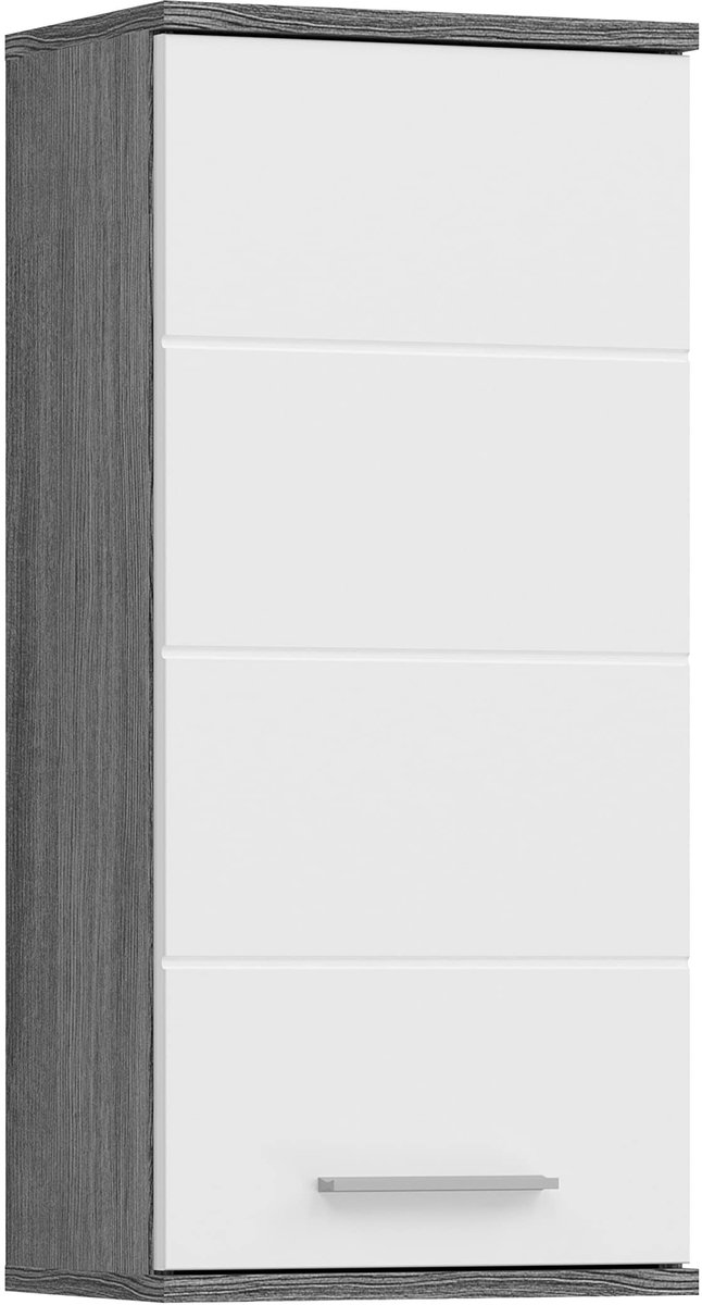 SnelShoppen - Badkamer Blake hangkast, hangende badkamerkast, wandkast, hoogglans wit, rookzilver corpus, 35 x 77 x 25 cm, stijlvolle opbergruimte voo