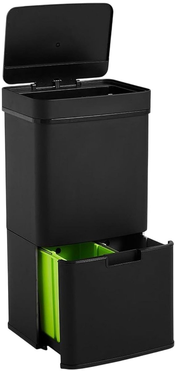 SnelShoppen - Vuilnisbak met 2 Compartimenten 62 L (37 L + 25 L), Automatische Opening met Sensor, RVS in Zwart, Ideaal voor Keuken en Tuin