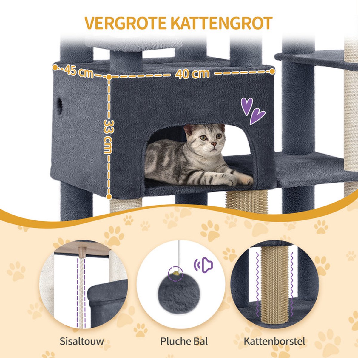 Hzuaneri krabpaal, 185 cm XL krabpaal met 10 krabpalen, 2 manden, 2 hangmatten, groot platform, kattenborstels, mand, robuuste krabpaal voor Maine Coons en grote katten, donkergrijs thumbnail 5