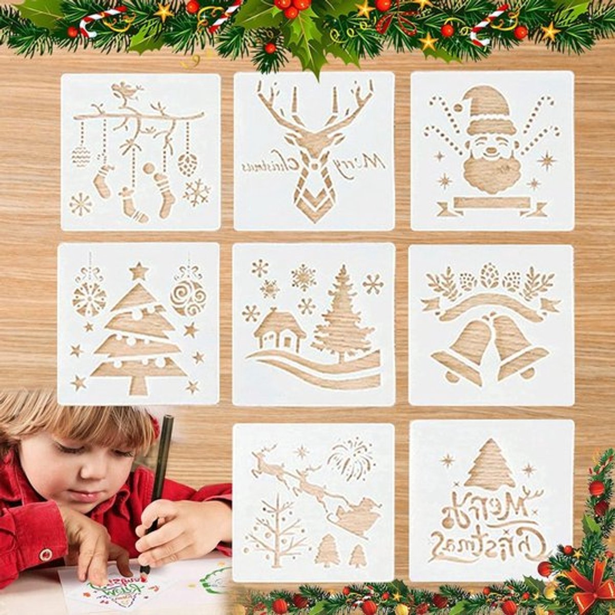 Kerstsjablonen voor schilderen, herbruikbare tekenstencils voor scrapbooking en DIY kerstkaarten, 8 stuks voor kinderen en creatieve projecten