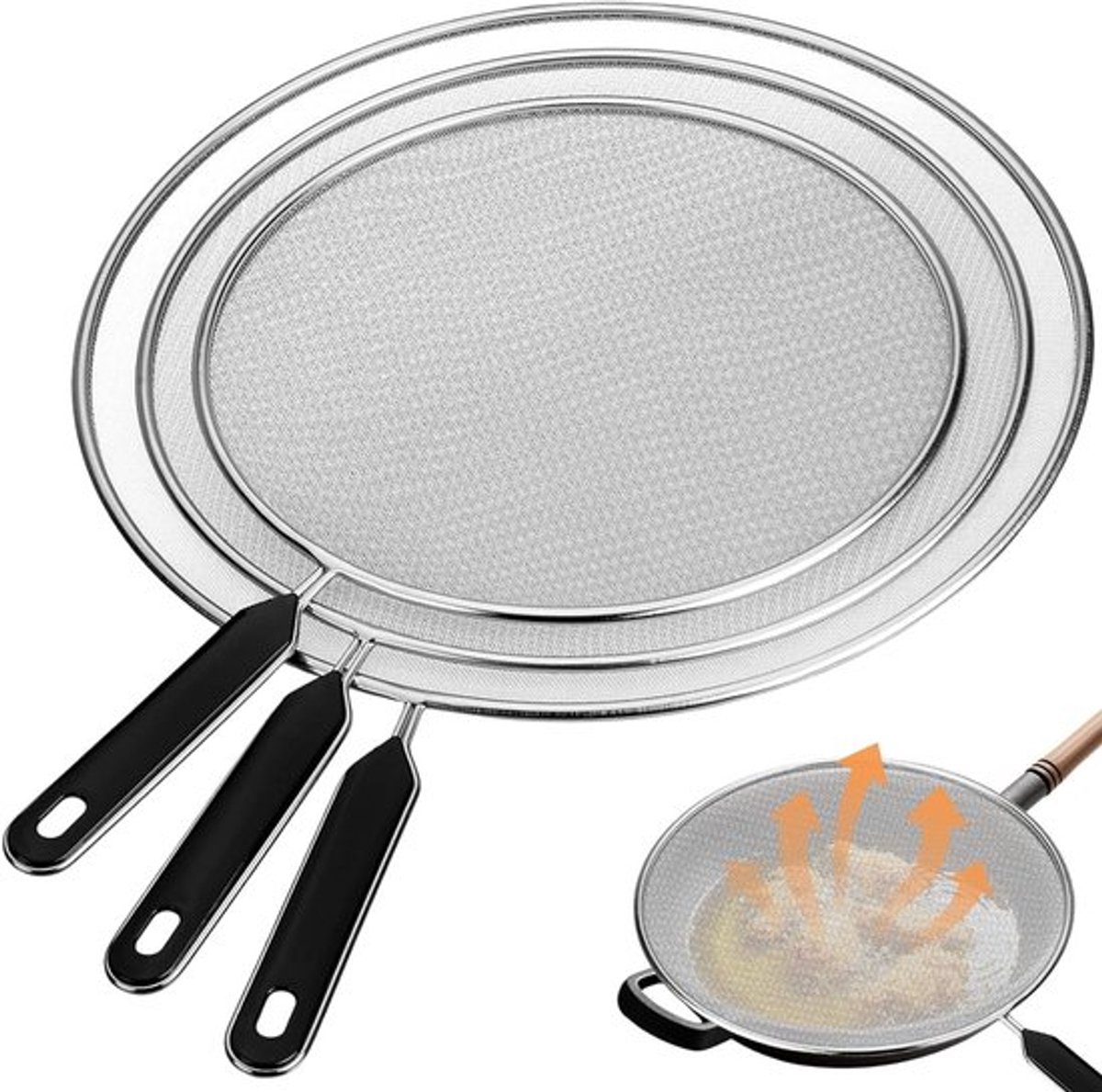 Set van 3 RVS Spatschermen voor Pannen met Handvat, 19 cm, 25 cm en 29 cm - Bescherming tegen Vetspatten in de Keuken