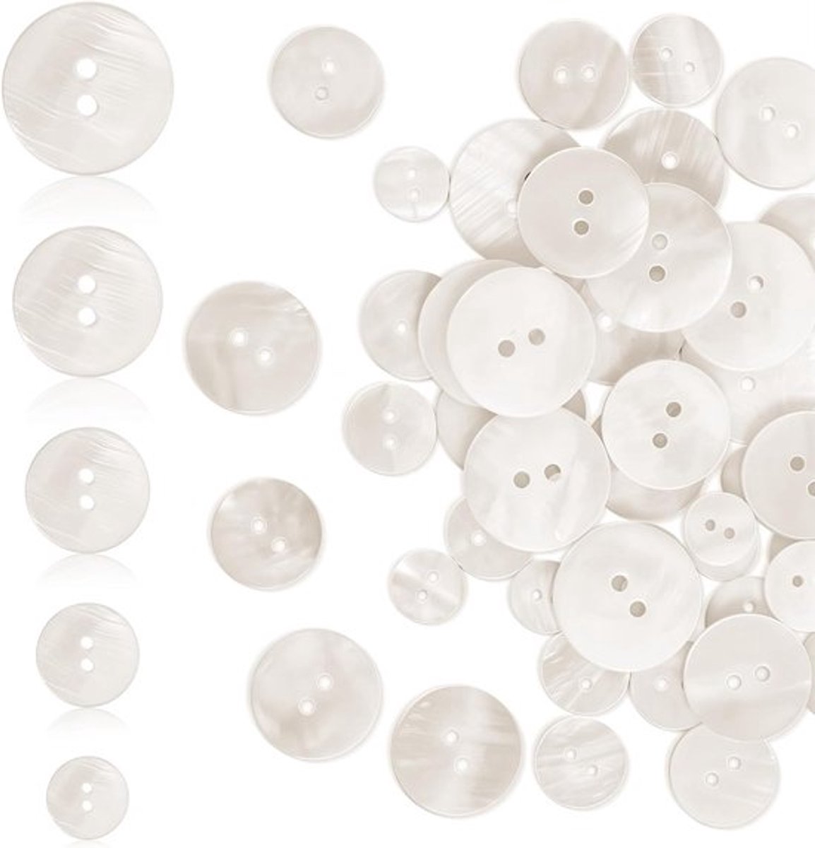 50 Stuks Witte Parels Knopen voor Naaiwerk, 10/12.5/15/18/20mm, 2 Gaten, Natuurlijke Schelp, Moeder van Parel Knopen voor Kleding, Hemden, Breien en Handgemaakte DIY Projecten
