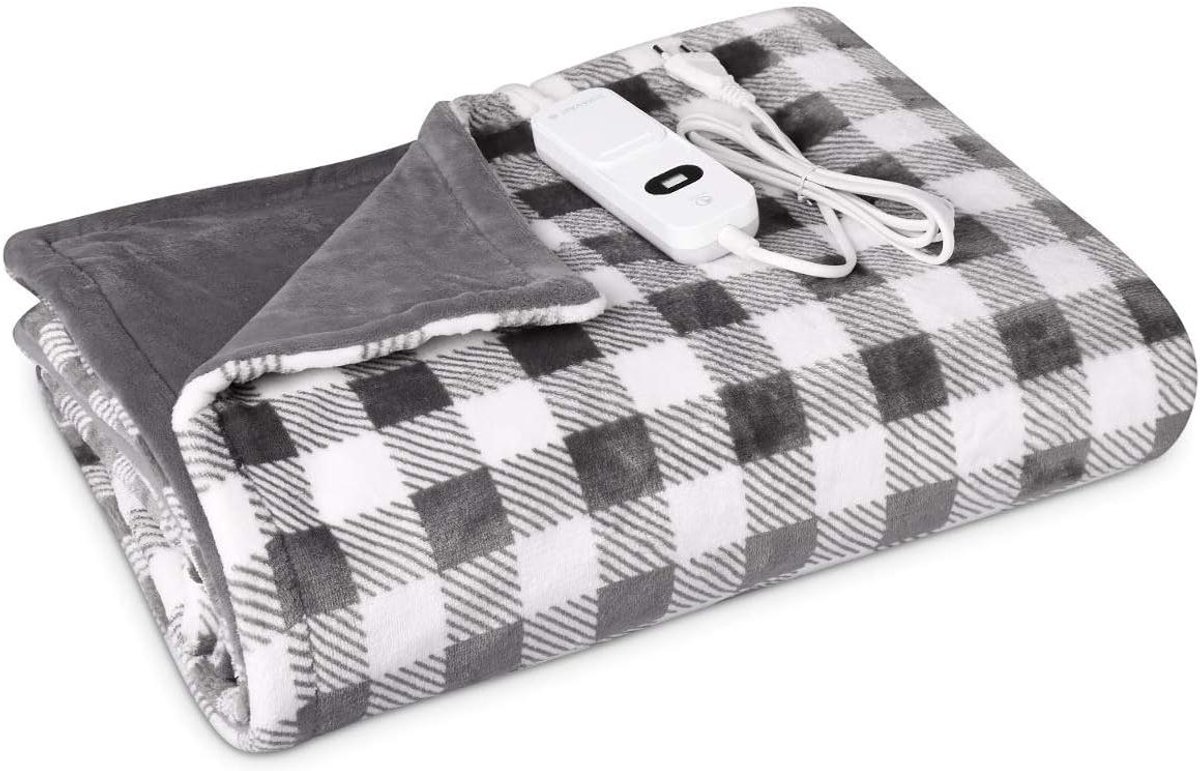 Elektrische Poncho Deken - Verwarmde Draagdeken - Lekker Opwarmen - 3 Warmtestanden - 180x130 cm - Grijs Wit