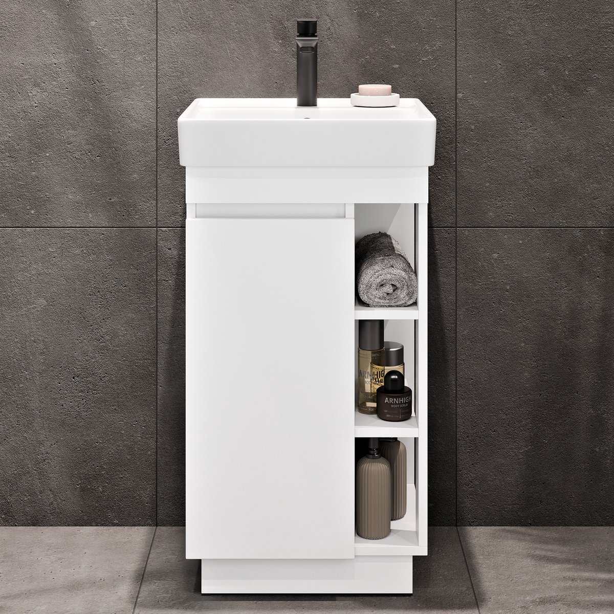 Planetmöbel NYX - Badkamermeubelset 45 cm - Mat wit - Met wastafel en kraan zwart - Softclose