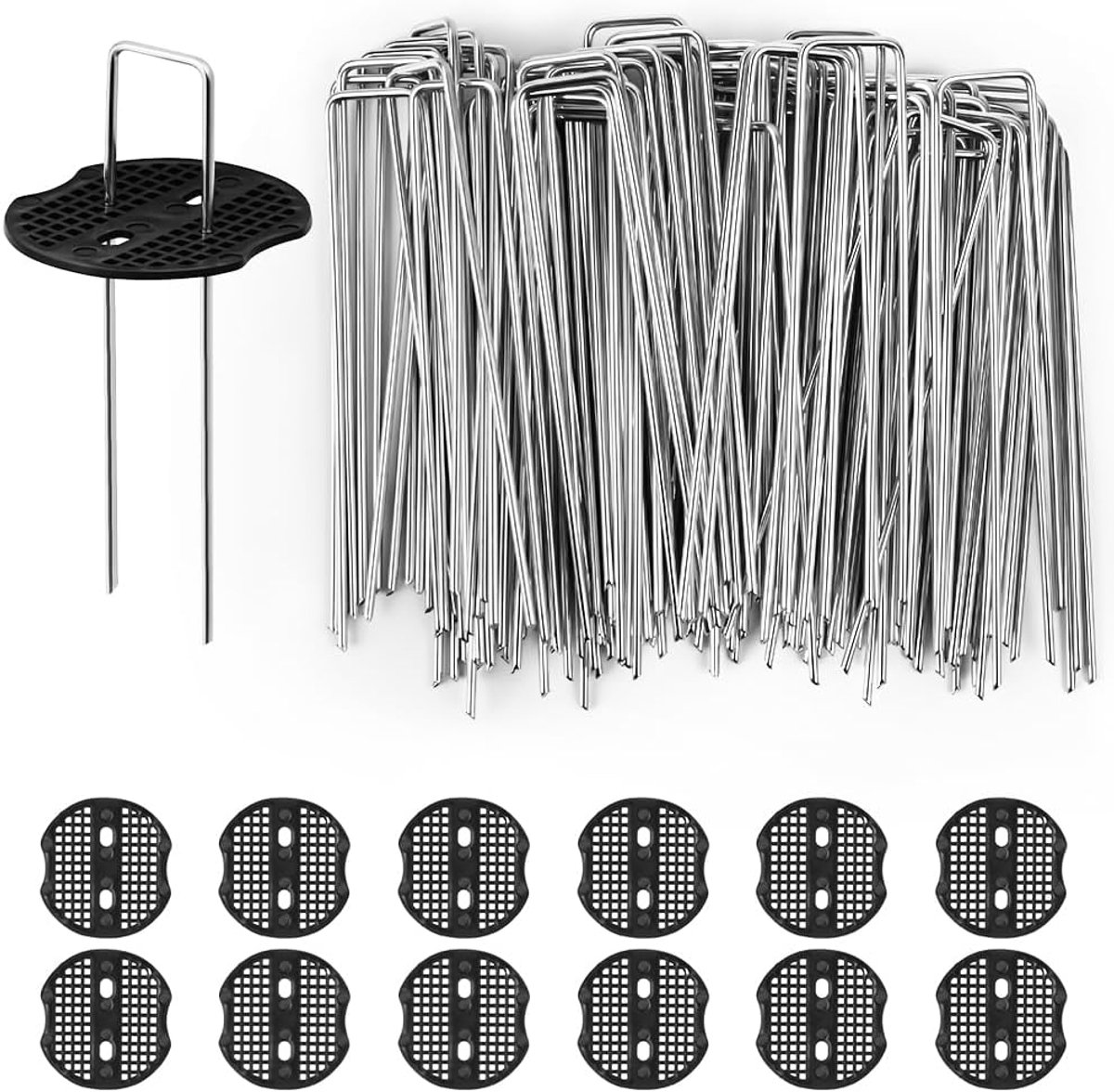 SnelShoppen - Weed Membrane Pegs 100 stuks + 12 Buffer Ringen, 150mm U-Vormige Tuinpinnen voor Onkruidmembranen, Voorzien van Stalen Grondpennen voor