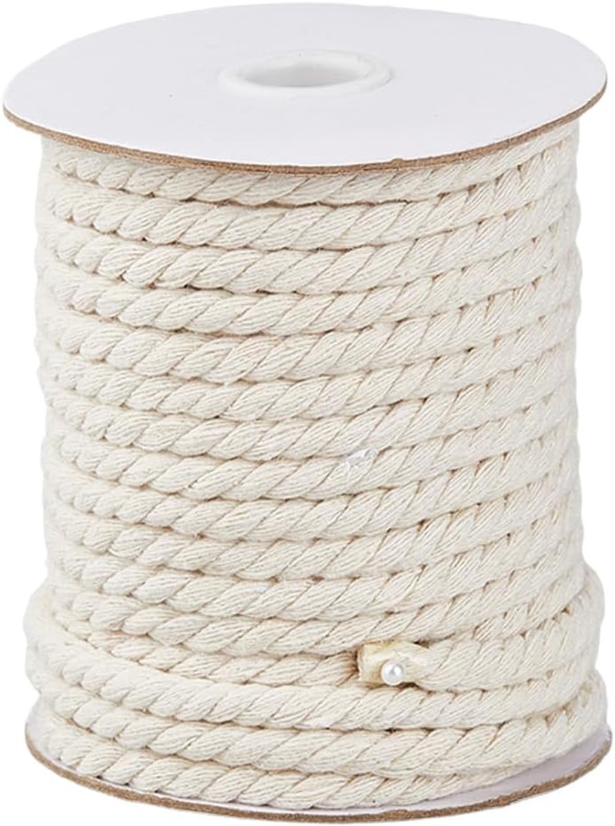 SnelShoppen - 20M x 6MM Natuurlijk Katoenen Touw - Twisted Cord voor Handwerken, Naaiwerk, Bloemstukken, DIY Mandjes, Wit Katoen, Creatief Knutselen