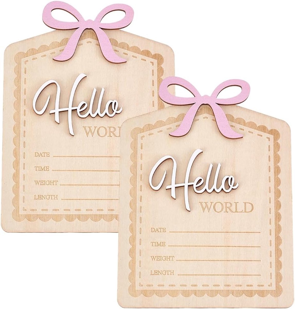 SnelShoppen - 2 Stuks Baby Aankondiging Bord 6.46×4.72 Inch 3D Roze Strik Hallo Wereld Nieuwgeboren Borden Geboorte Aankondiging Babyshower Ziekenhuis