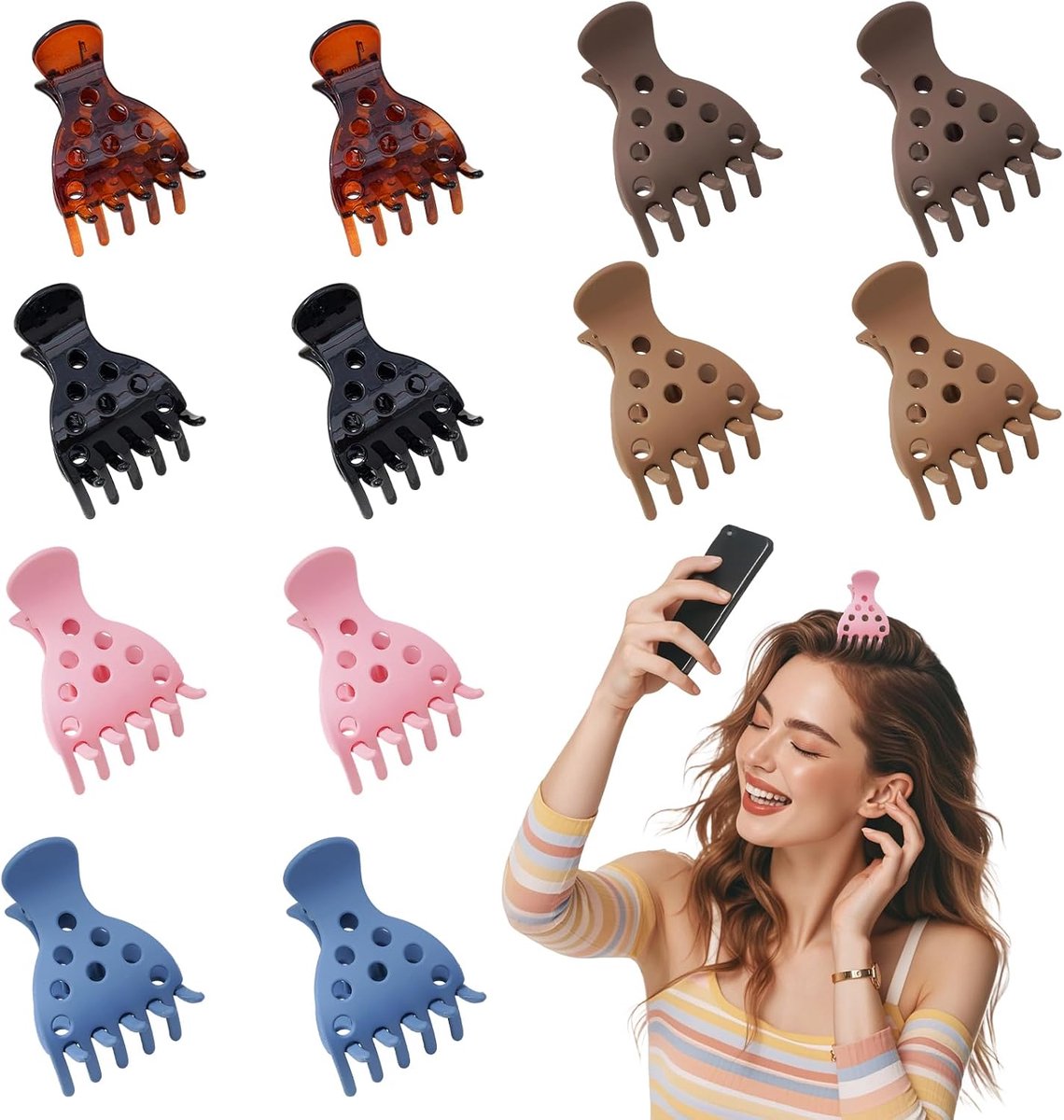 SnelShoppen - Volume Haarclips Set van 12 Stuks, Vintage Stijl, Stijlvolle Krullenklemmen voor Volume en Meer Volume bij de Aanzet, Zwart, Amber, Blau