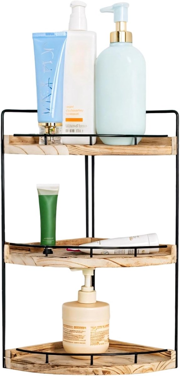 SnelShoppen - Acaciahouten hoekrek met 3 verdiepingen, ruimtebesparend opbergrek met metalen frame voor badkamer, keuken, woonkamer en kantoor, natuur