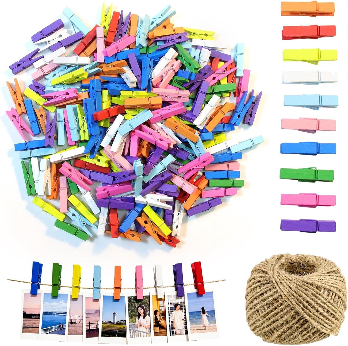SnelShoppen - 200 Kleurrijke Mini-Houten Klemmen 3,5 cm met 30 m Jute Koord - Kleine Wasknijpers voor Foto's, Kaarten en DIY Decoratie - Gekleurde Fot