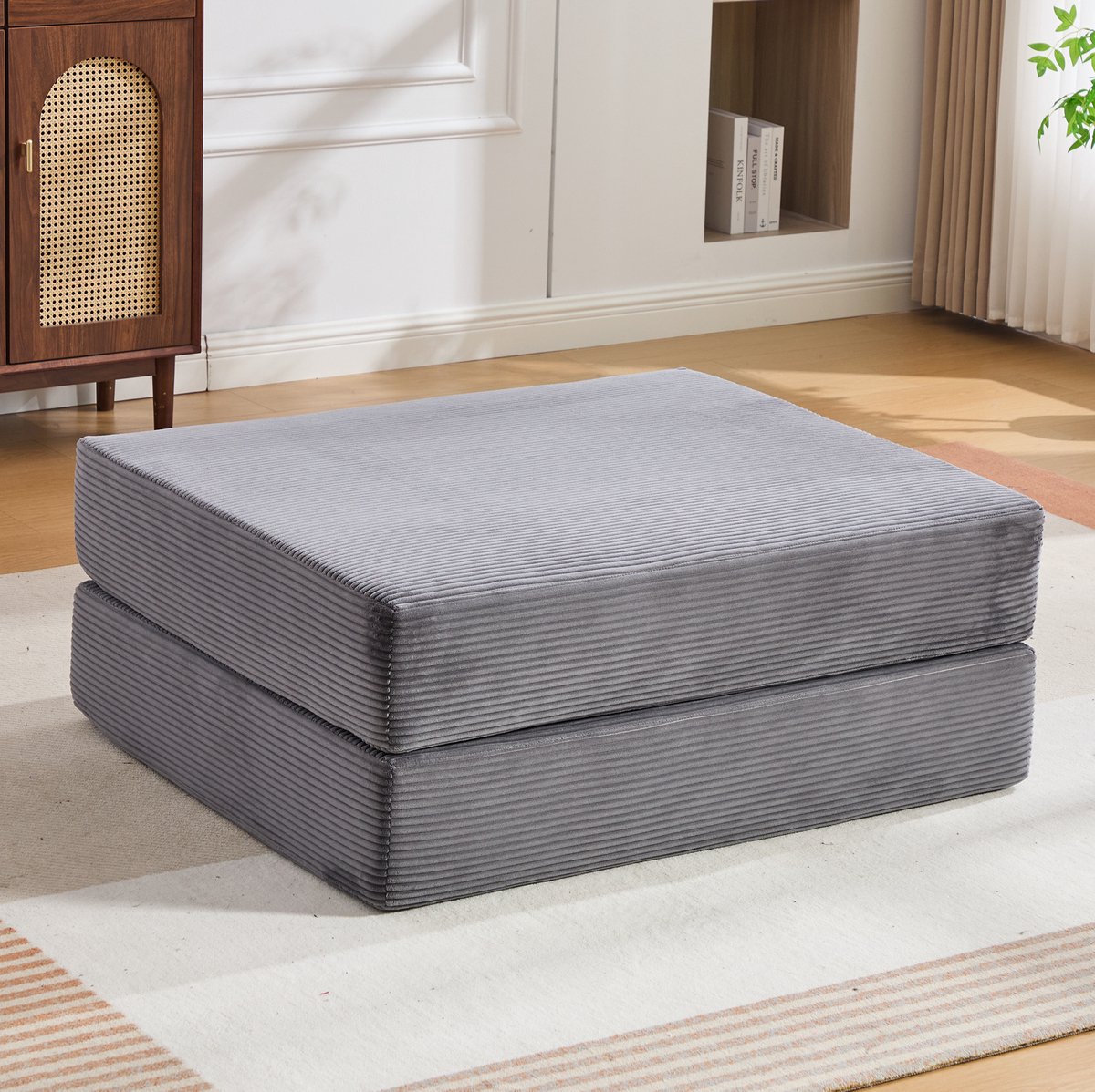 REDOM - Voetenbankje - Opvouwbaar 2-in-1 ontwerp - Uitklapbaar tot eenpersoons sofabed - Modulaire opstelling - Voor binnen - Stof - Donkergrijs - 109 x 95 x 43 cm