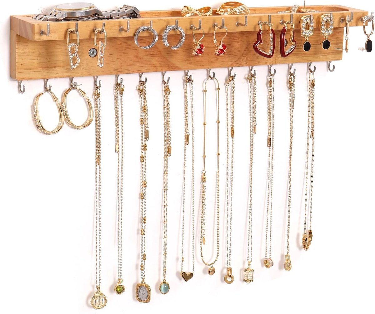 Muurbeugel voor Sieraden met 30 Haken - Organiser voor Kettingen, Armbanden en Ringen in Eikenhoutkleur