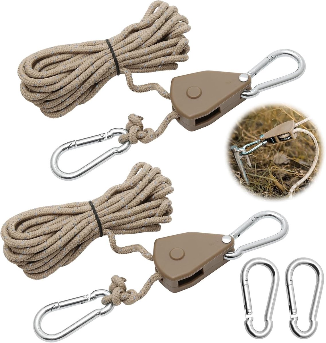 Verstelbare Heavy Duty Touw Hangers met 2 Vervangende Haakjes voor Kweekruimtes en Buitenactiviteiten - 4M Lang, 2 Stuks, Ideaal voor Grow Lights en Camping Equipment