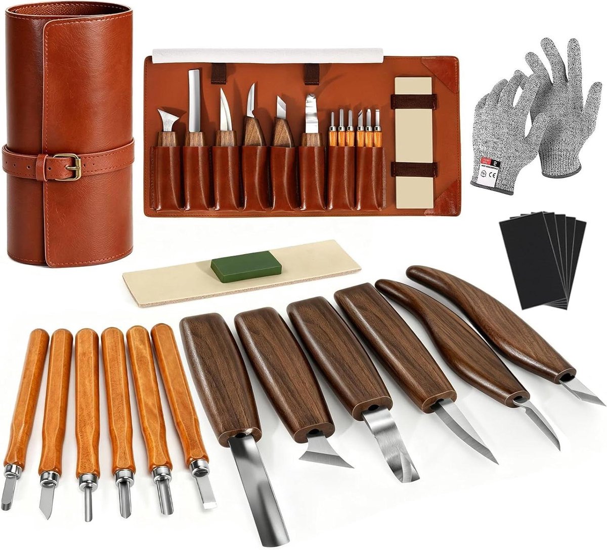 Houtsnijgereedschap Set - Houtbewerkingsmessen - Houtsnijwerk Hobby - Walnoot Houten Handgrepen - 17 Delig - Bruin
