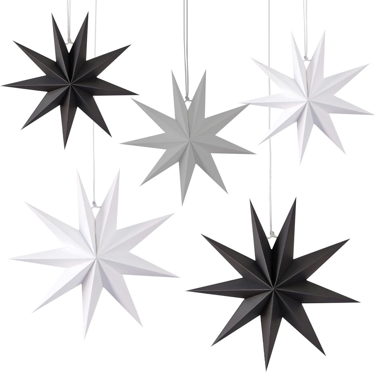 SnelShoppen - 5-delige Kerstpapier Sterren, Vouwbare Zevenpunts Sterren, 2 stuks Ø 40 cm, 3 stuks Ø 25 cm, Raamdecoraties (Wit, Zwart, Grijs) voor Fee