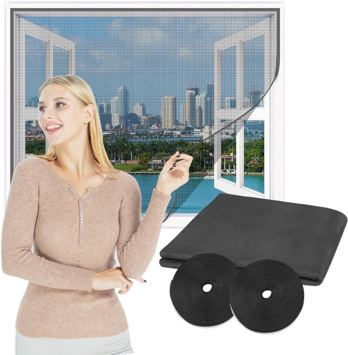 SnelShoppen - Flintronic Raamhor voor Ramen, Muggenbescherming, 130 x 150 cm, Universeel Muggennet met Klittenband, Duurzaam, Op Maat te Snijden, Glas