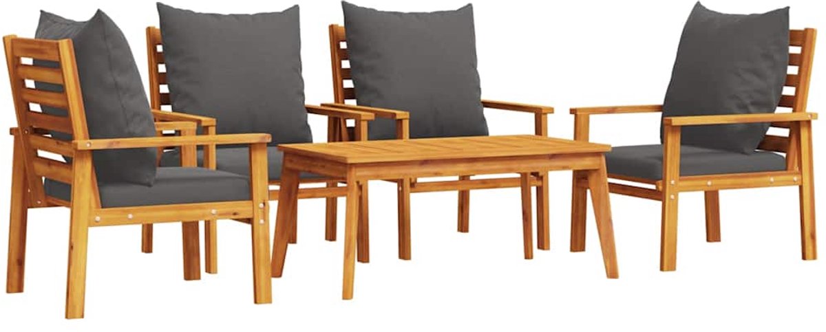 vidaXL 5-delige - Loungeset - met - kussens - massief - acaciahout donkergrijs