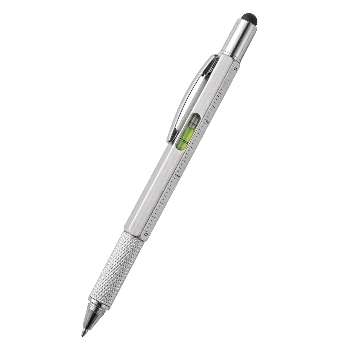 Zilverkleurige multipen unisex 6-in-1 multifunctionele tool pen met balpen, touch screen stylus, schroevendraaier, waterpas, liniaal schaal en metalen grip voor kantoor, werkplaats, hobby en dagelijks gebruik