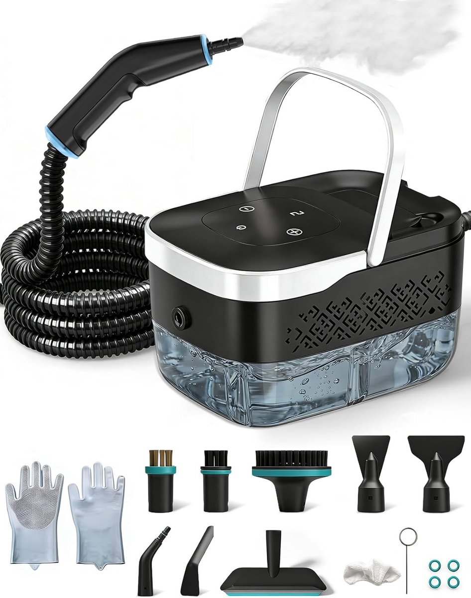 Stoomreiniger - Zwart-Wit - 1250 ml - Multifunctionele Handstoomreiniger met 6 Snelheden - Voor Huishouden en Auto