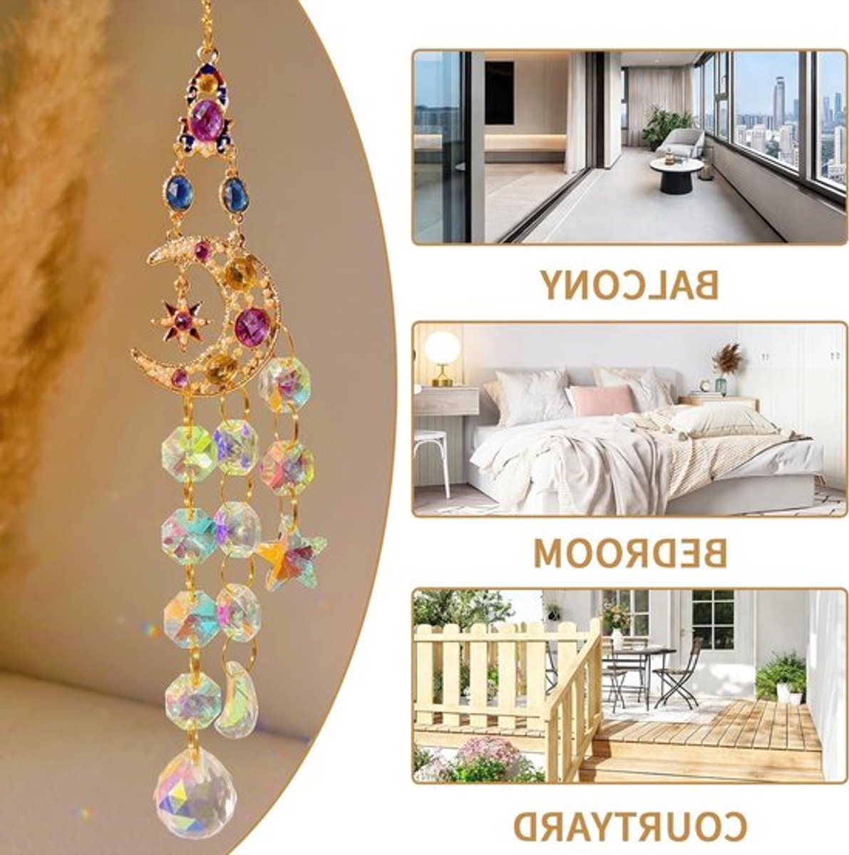 Glazen dromenvanger met maanhanger, decoratieve windgong voor huis, tuin en kantoor, sfeervolle raamdecoratie en bescherming tegen nachtmerries