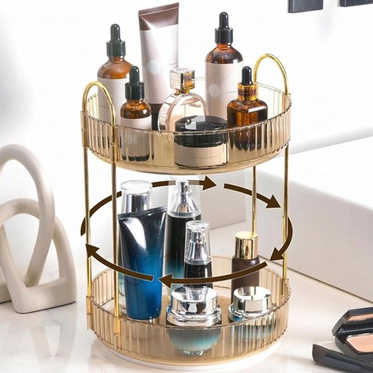 360° Draaibare Make-up Organizer voor Cosmetica, Huidverzorging en Parfum - 2 Laags Goud voor Dresser en Badkamer